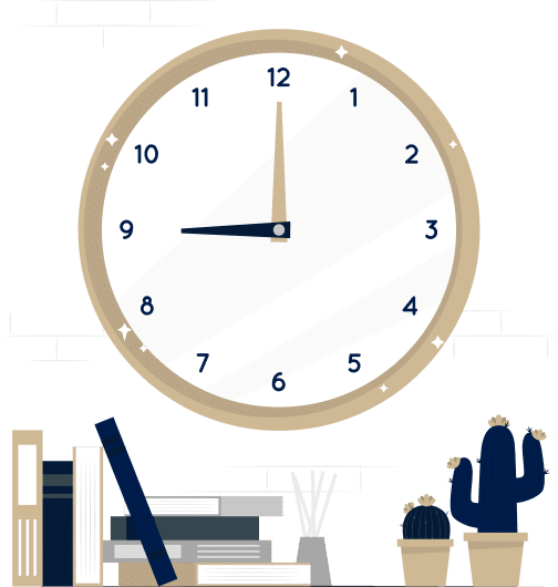 A clock graphic with books and plants on a table below
