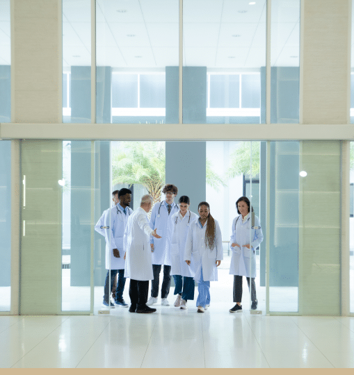 A doctor and several med school residents touring the Florida University Hospital